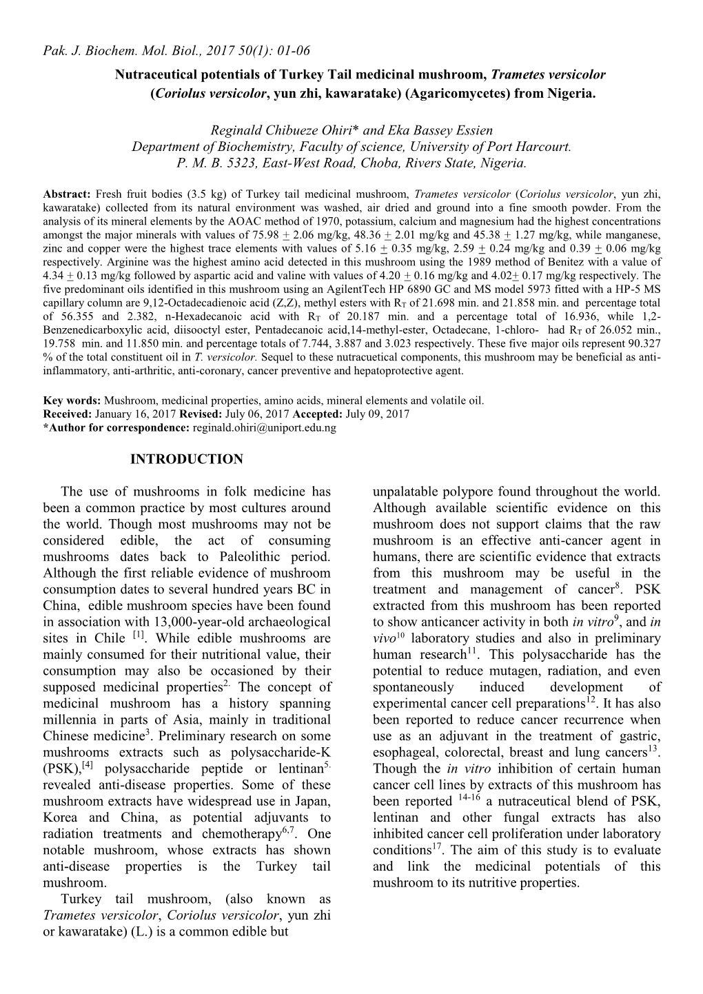 01-06 Nutraceutical Potentials of Turkey Tail Medicinal Mushroom, Trametes Versicolor (Coriolus Versicolor, Yun Zhi, Kawaratake) (Agaricomycetes) from Nigeria