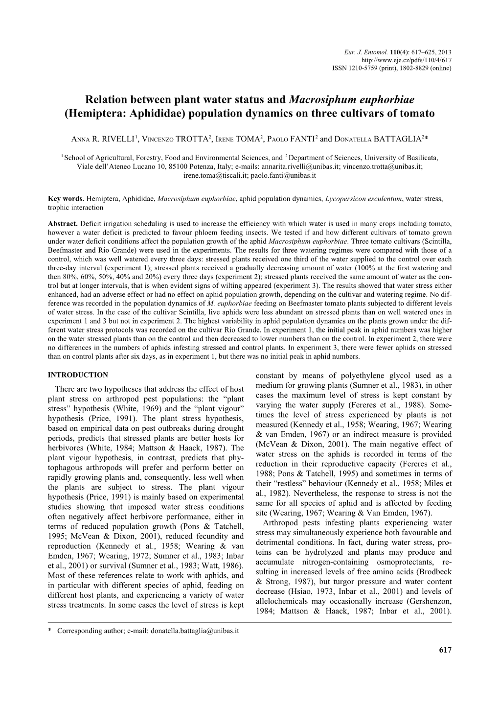 (Hemiptera: Aphididae) Population Dynamics on Three Cultivars of Tomato