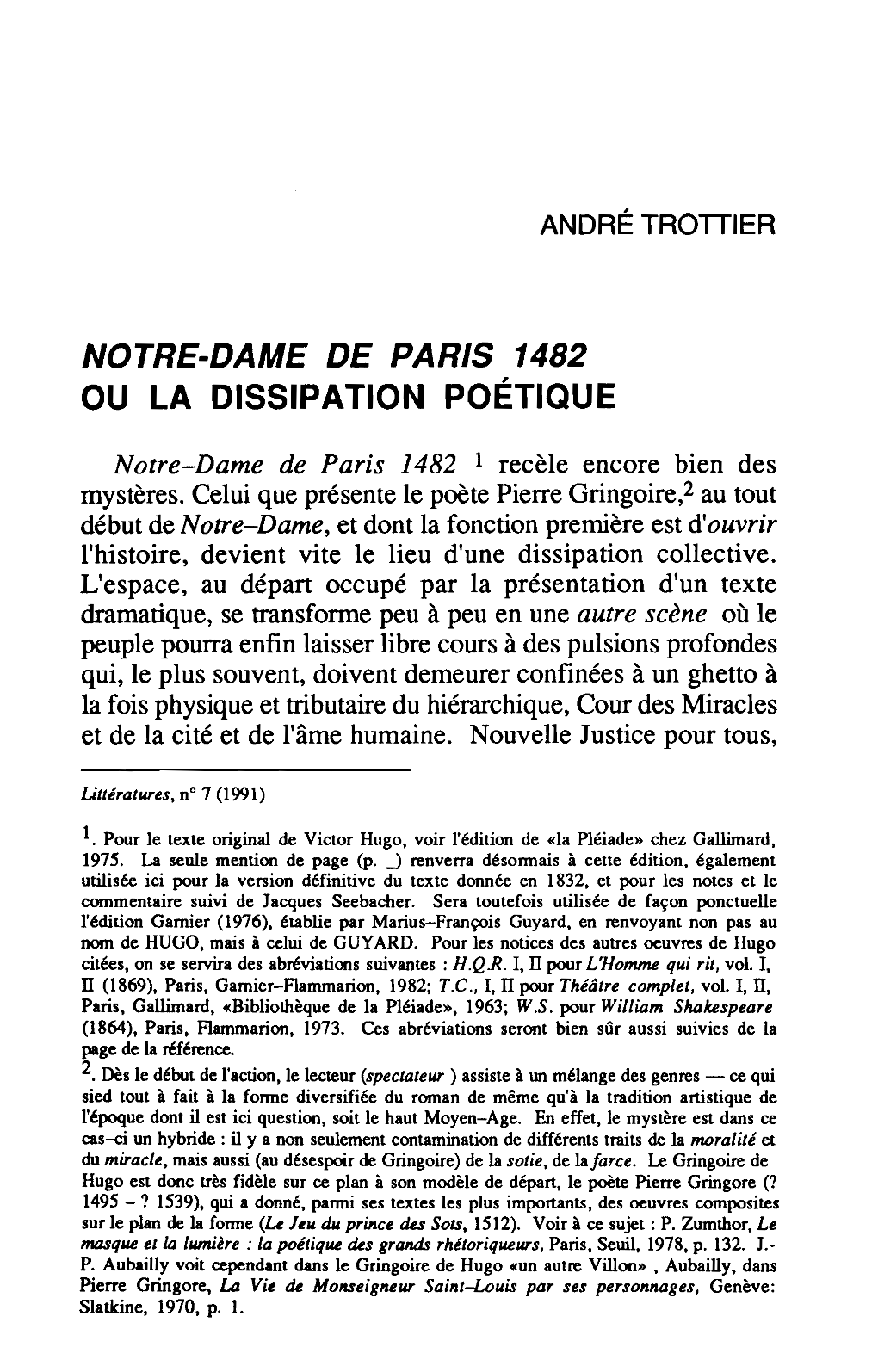 Notre-Dame De Paris 1482 Ou La Dissipation Poetique