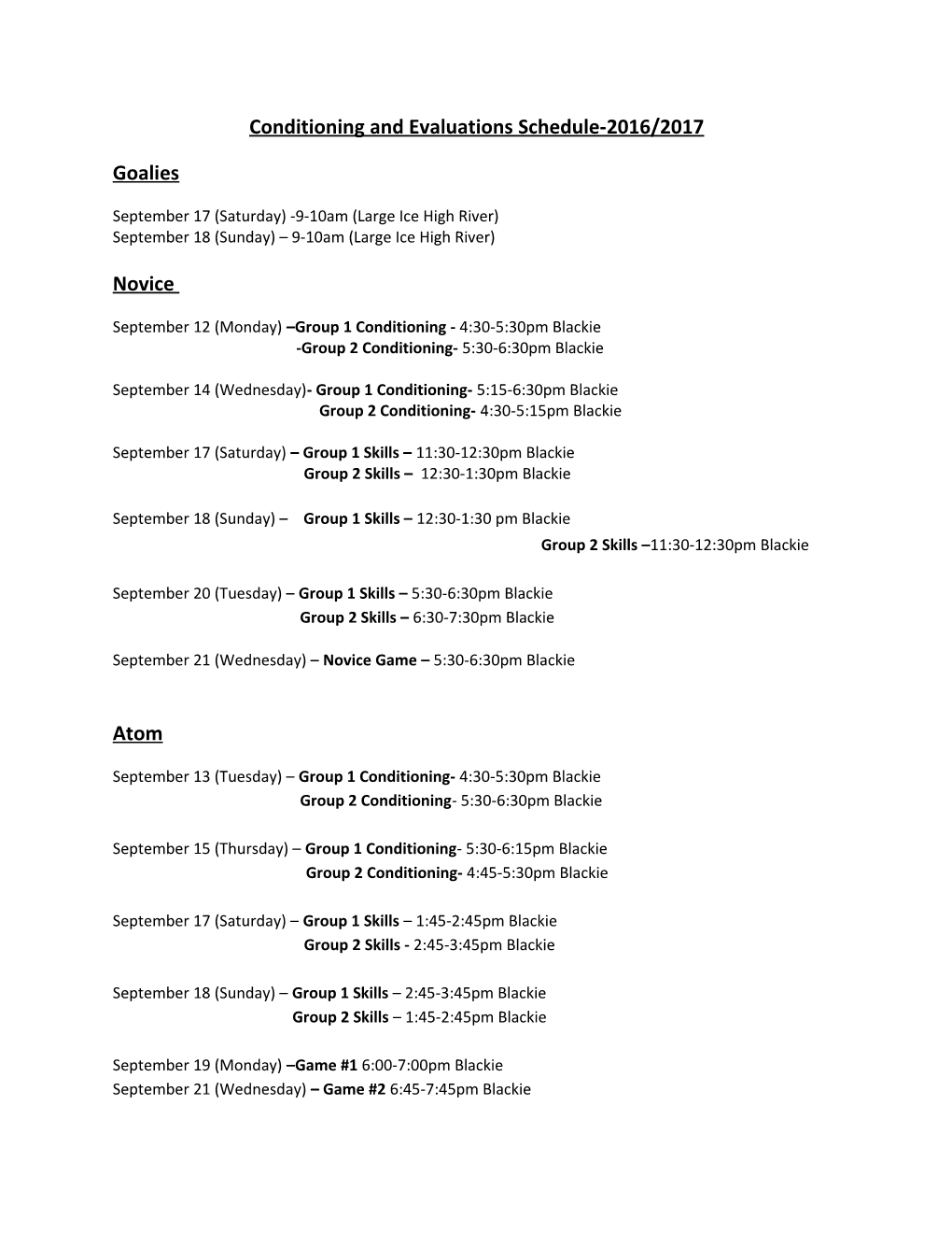 Conditioning and Evaluations Schedule-2016/2017