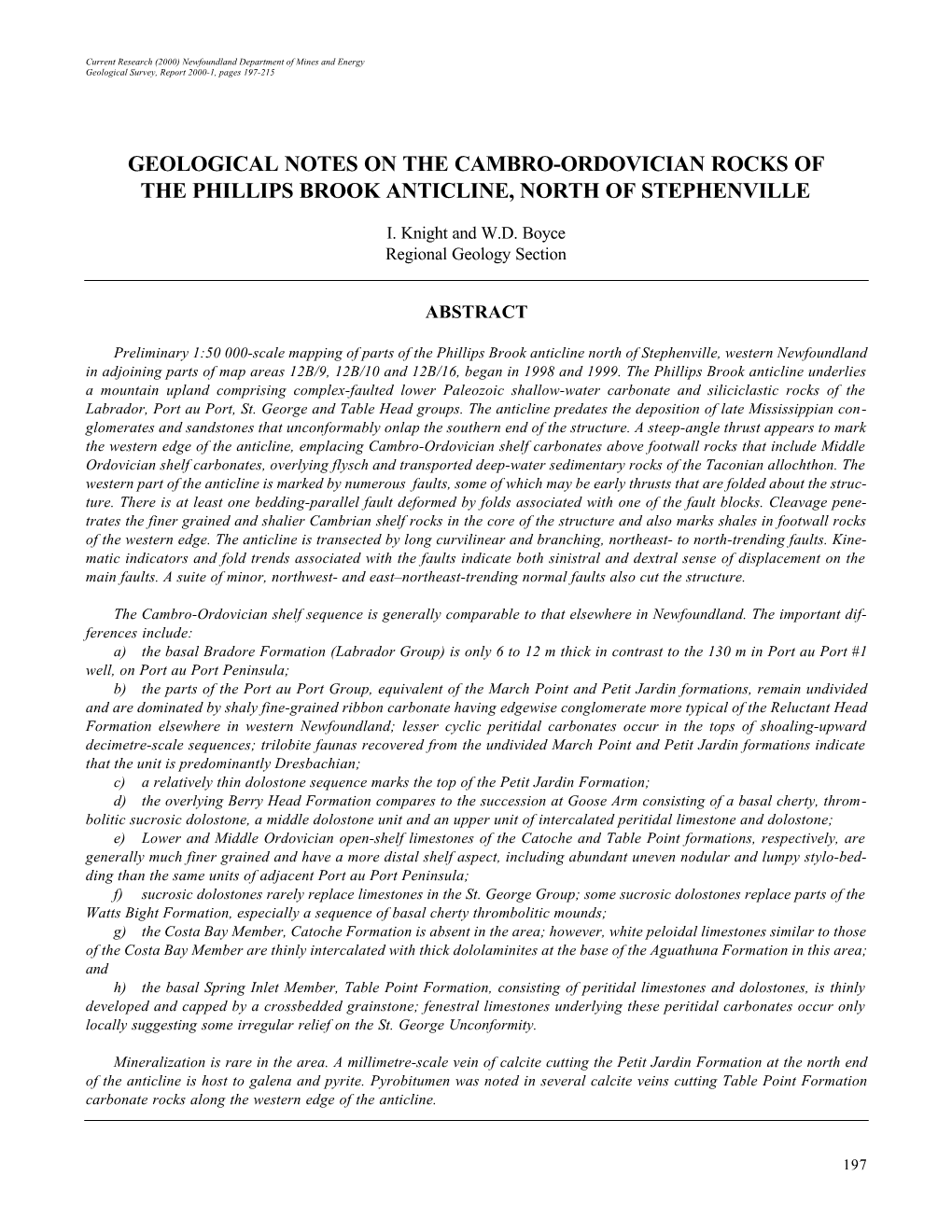 Geological Notes on the Cambro-Ordovician Rocks of the Phillips Brook Anticline, North of Stephenville