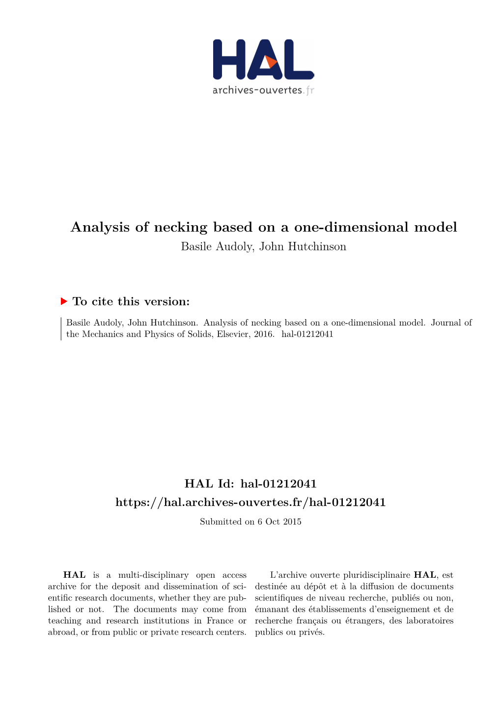 Analysis of Necking Based on a One-Dimensional Model Basile Audoly, John Hutchinson