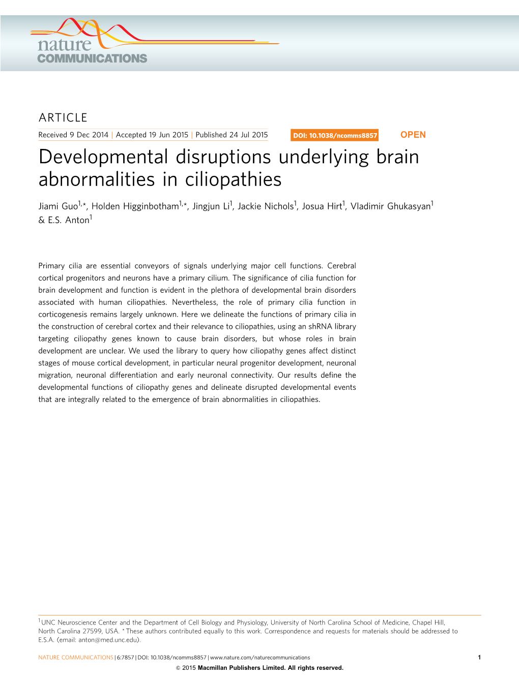 Developmental Disruptions Underlying Brain Abnormalities in Ciliopathies