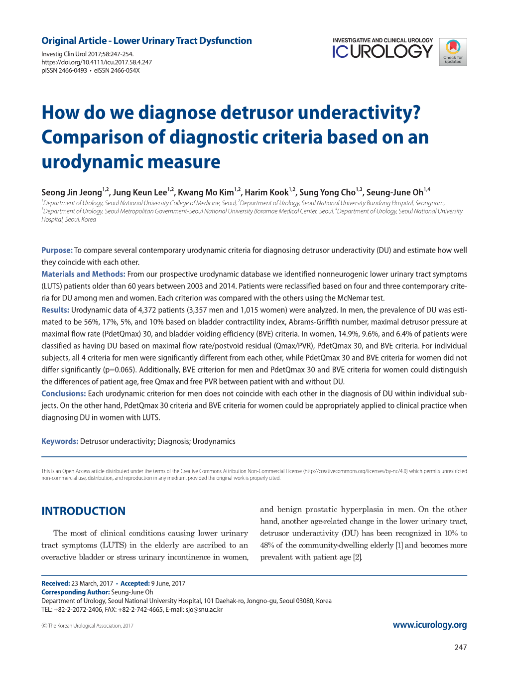 Comparison of Diagnostic Criteria Based on an Urodynamic Measure
