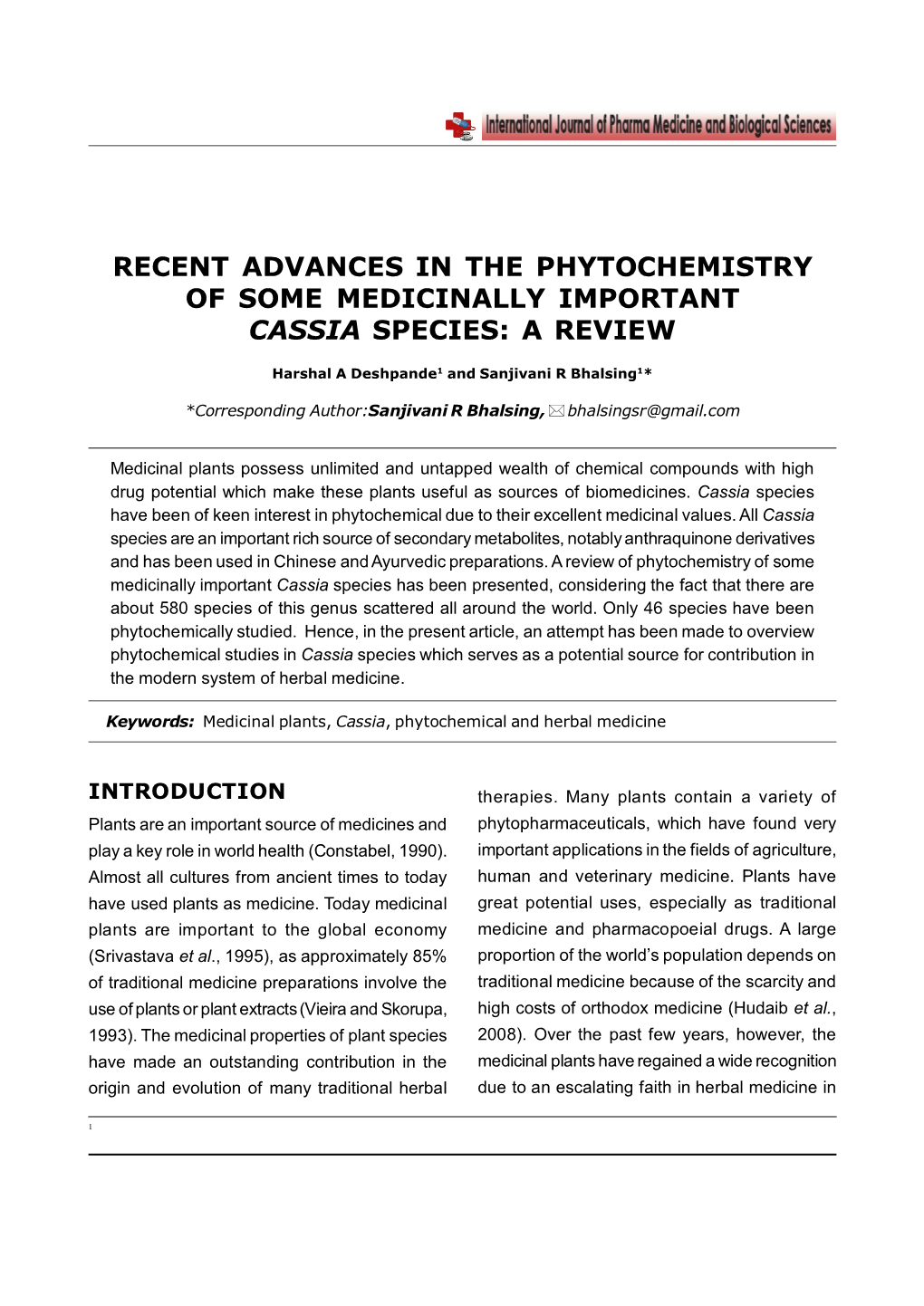 Recent Advances in the Phytochemistry of Some Medicinally Important Cassia Species: a Review