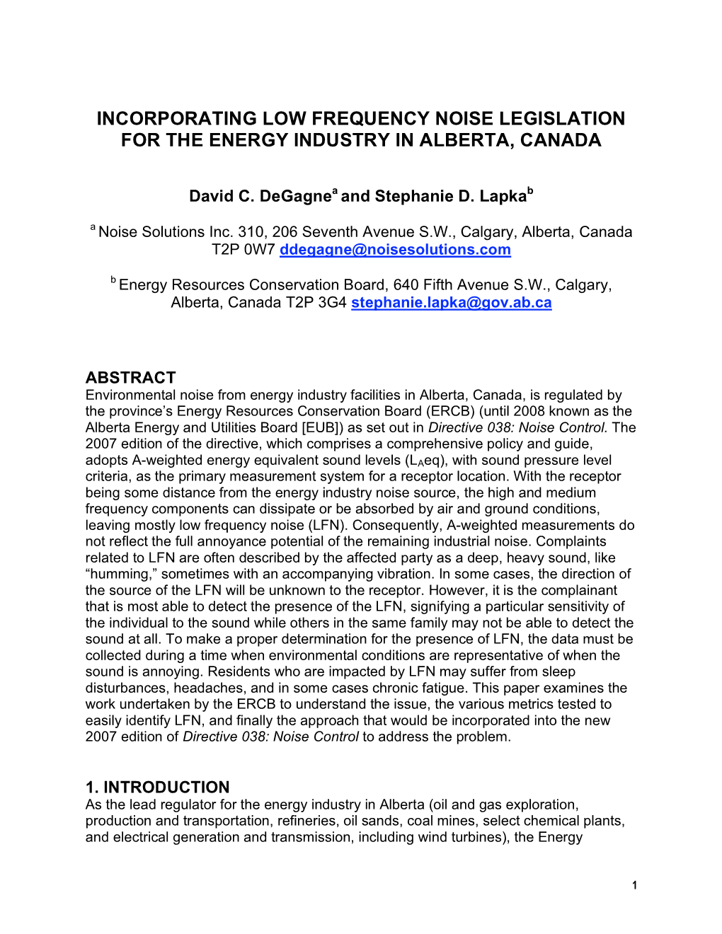 Incorporating Low Frequency Noise Legislation for the Energy Industry in Alberta, Canada