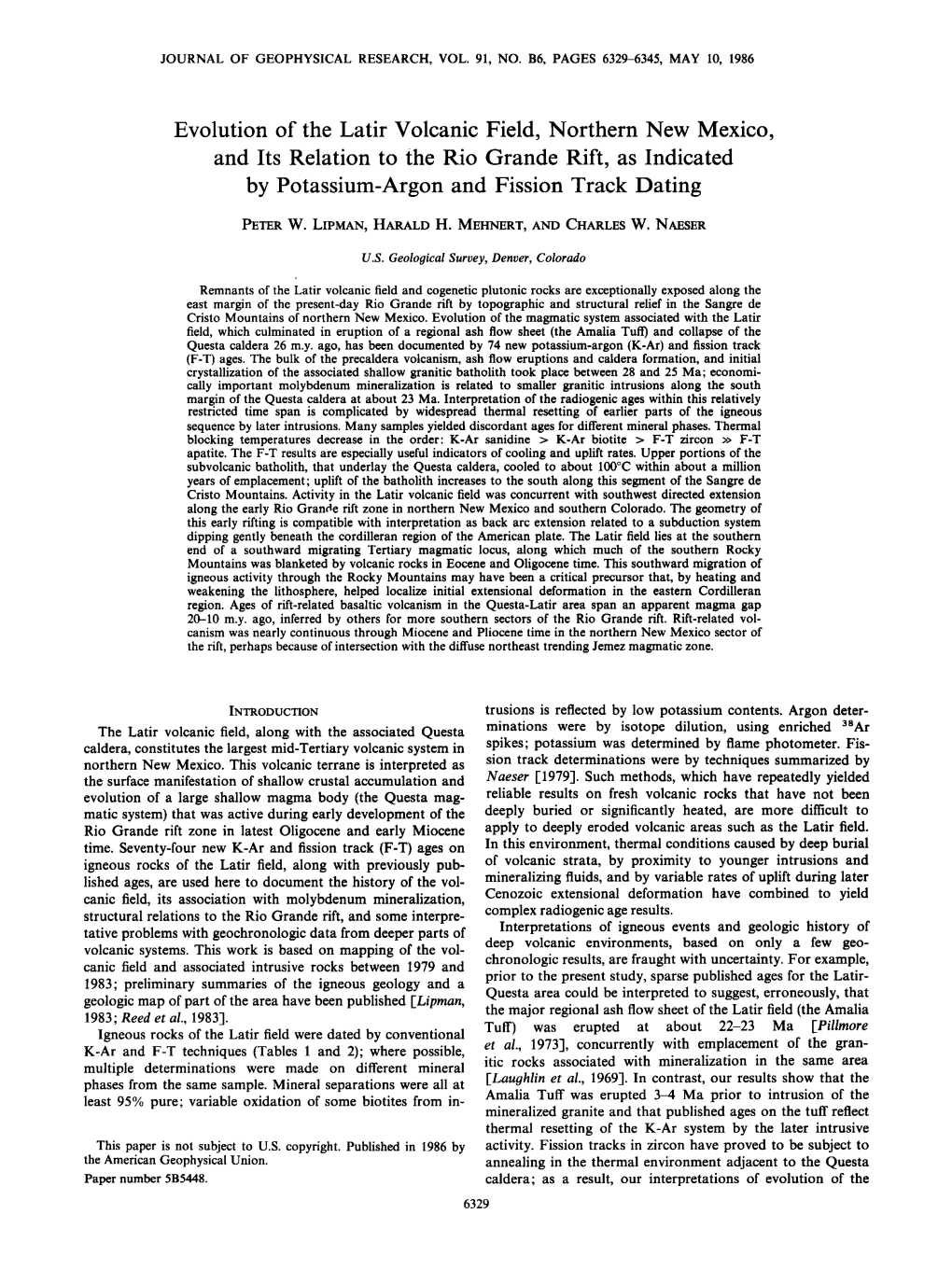 Evolution of the Latir Volcanic Field, Northern New Mexico, and Its Relation to the Rio Grande Rift, As Indicated by Potassium-Argon and Fission Track Dating