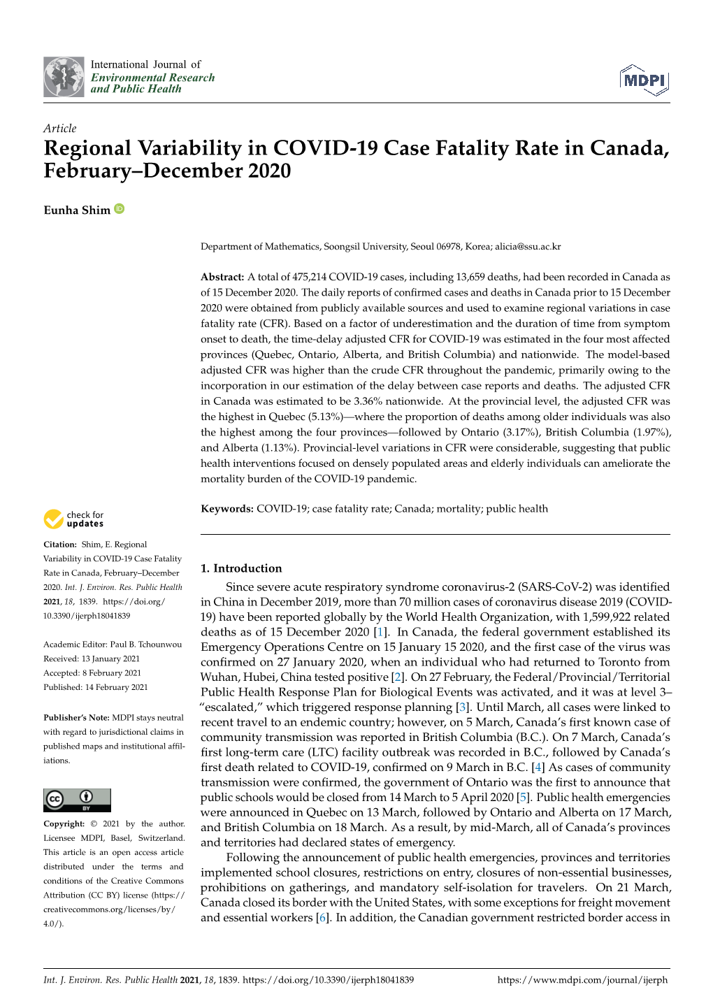 Regional Variability in COVID-19 Case Fatality Rate in Canada, February–December 2020