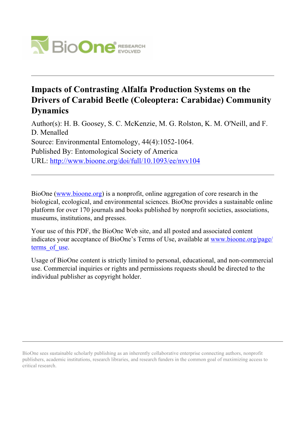 Coleoptera: Carabidae) Community Dynamics Author(S): H