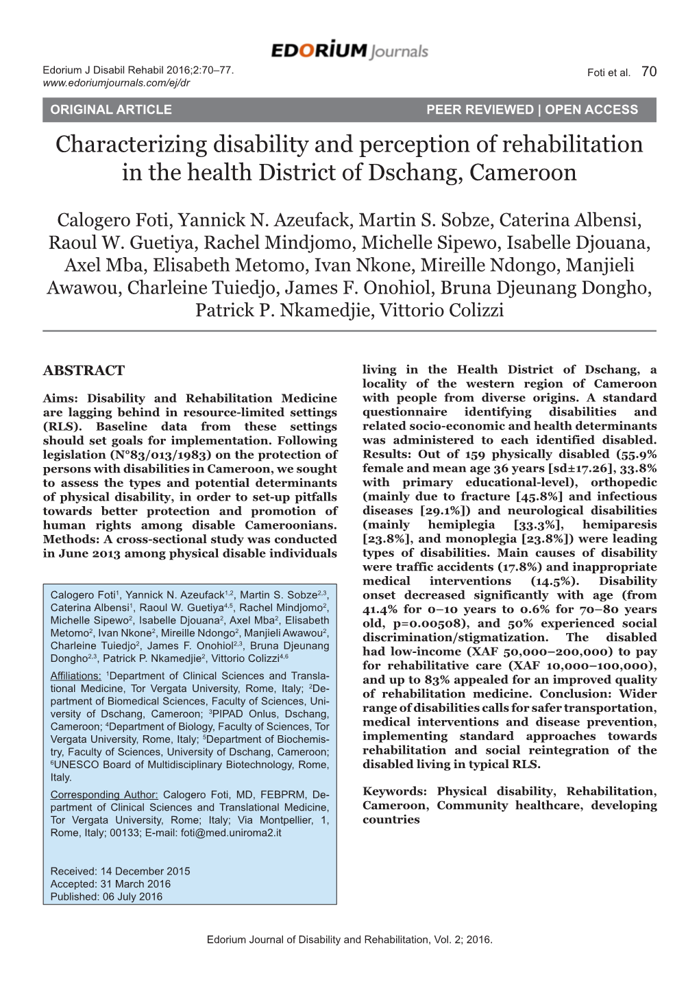 Characterizing Disability and Perception of Rehabilitation in the Health District of Dschang, Cameroon
