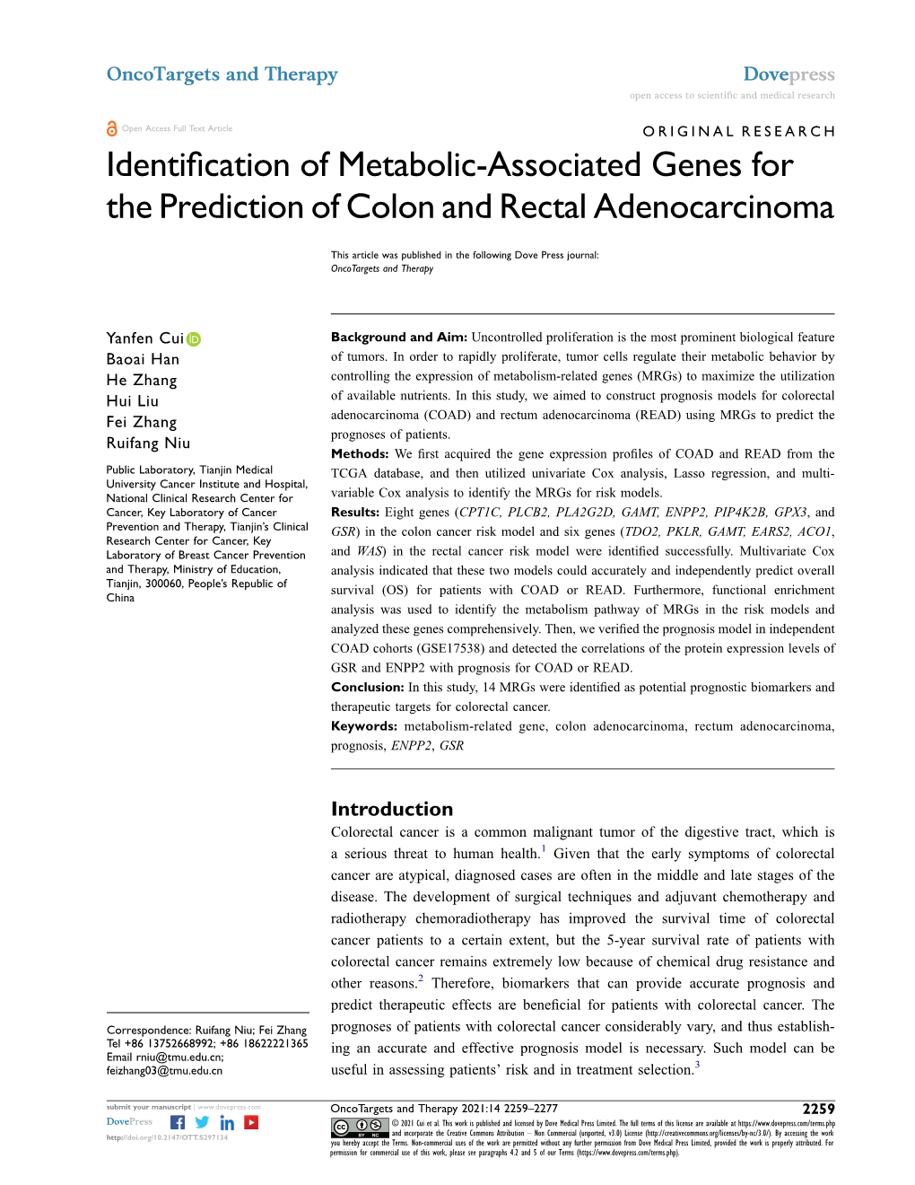Identification of Metabolic-Associated Genes for the Prediction of Colon and Rectal Adenocarcinoma