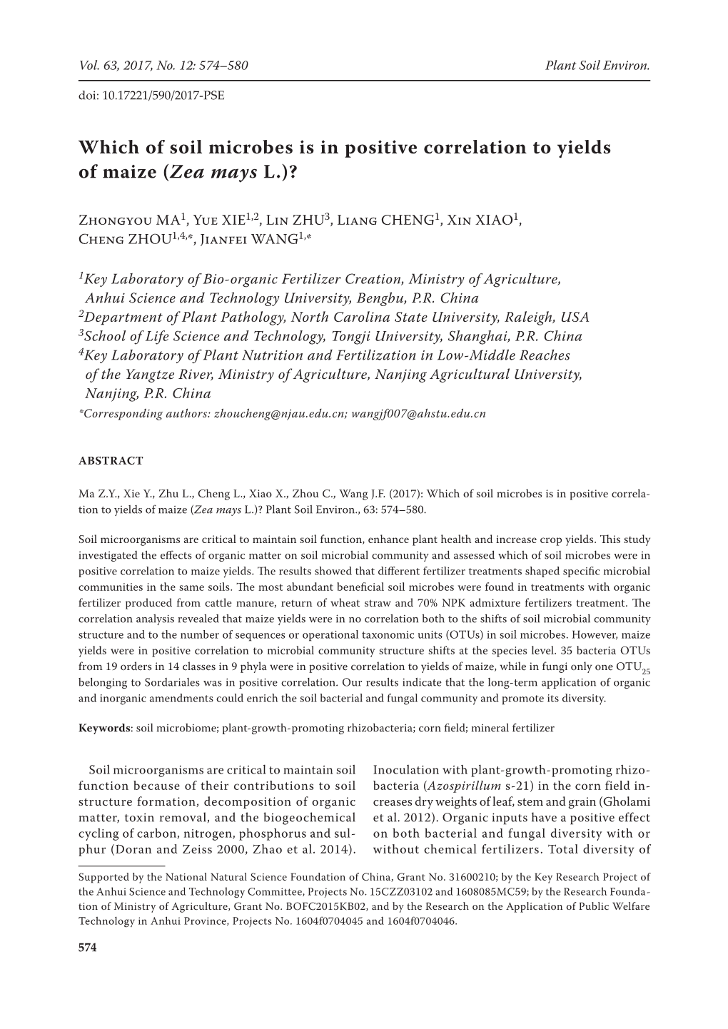 Which of Soil Microbes Is in Positive Correlation to Yields of Maize (Zea Mays L.)?