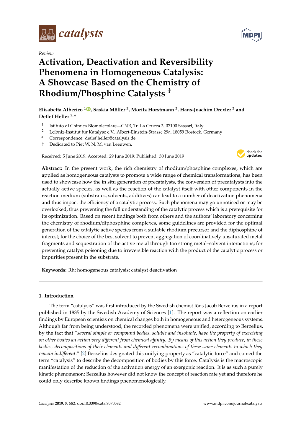 Activation, Deactivation and Reversibility Phenomena in Homogeneous Catalysis: a Showcase Based on the Chemistry of † Rhodium/Phosphine Catalysts