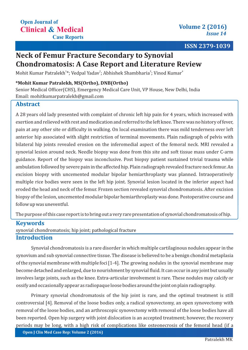 Clinical Medical & Neck of Femur Fracture Secondary to Synovial Chondromatosis: a Case Report and Literature Review