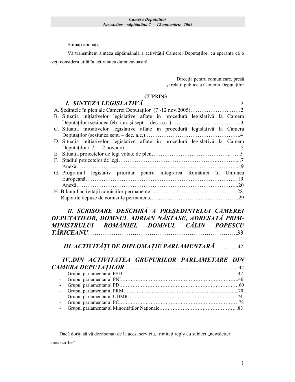 Ii. Scrisoare Deschisă a Preşedintelui Camerei