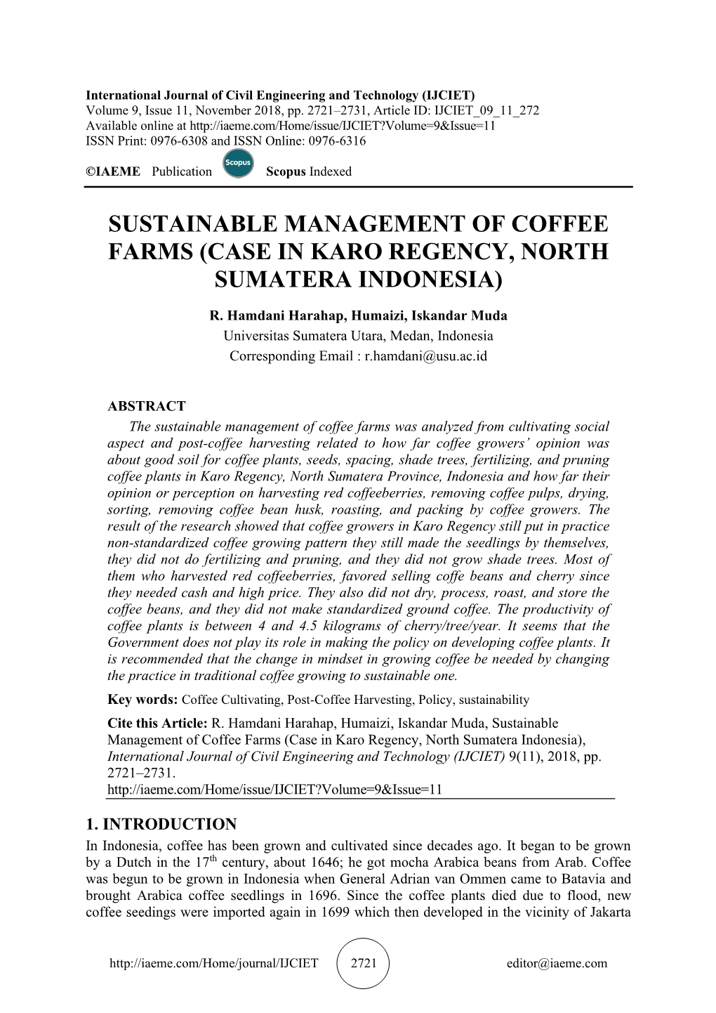 Sustainable Management of Coffee Farms (Case in Karo Regency, North Sumatera Indonesia)