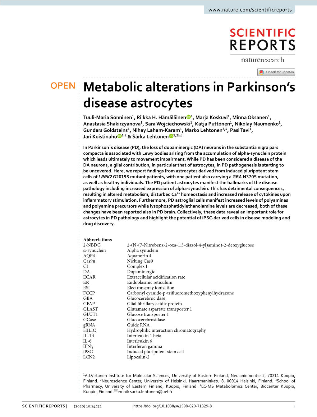 Metabolic Alterations in Parkinson's Disease Astrocytes