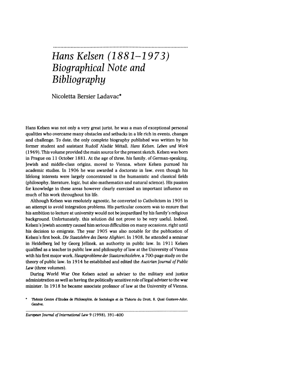 Hans Kelsen (1881-1973) Biographical Note and Bibliography