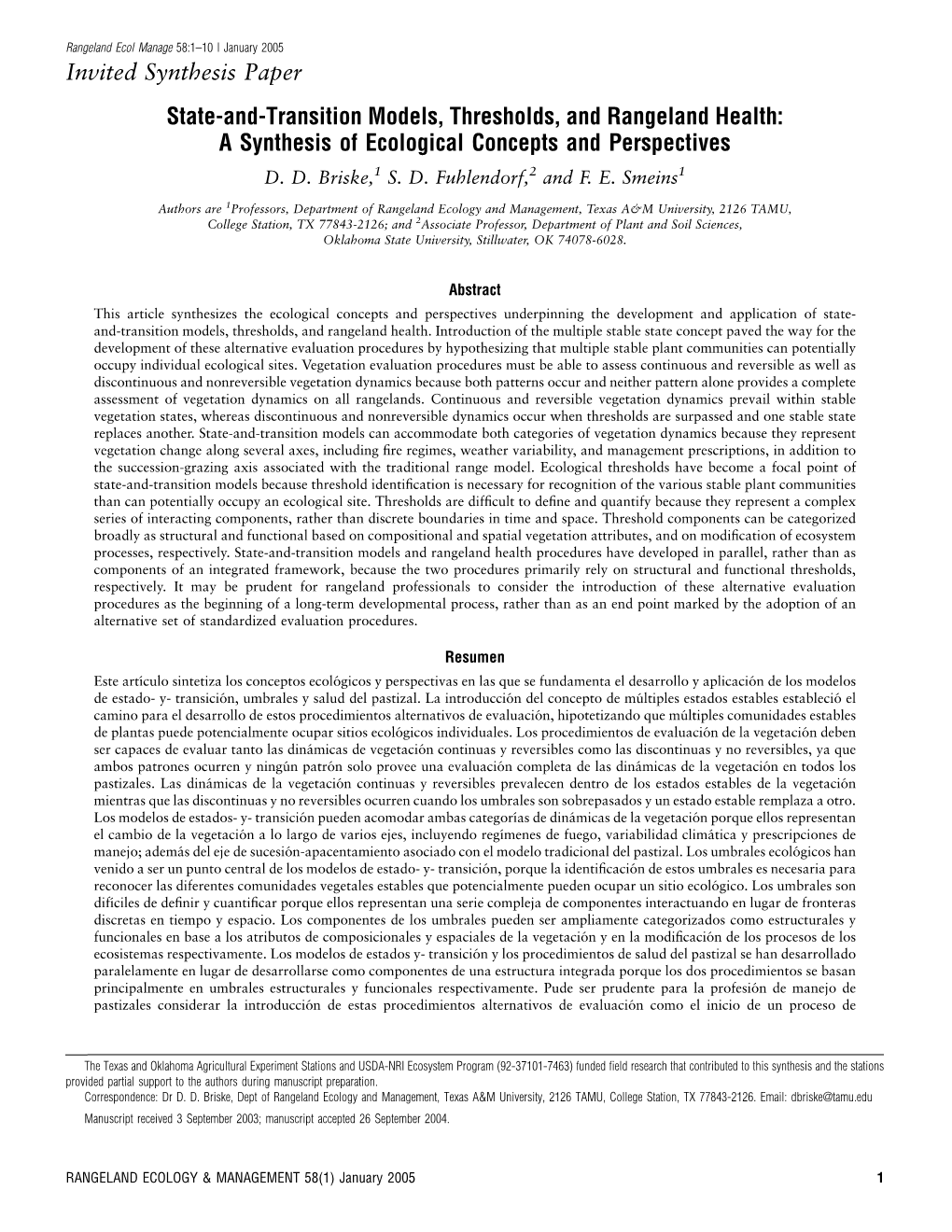 State-And-Transition Models, Thresholds, and Rangeland Health: a Synthesis of Ecological Concepts and Perspectives D