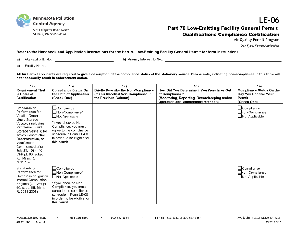 LE-06 Part 70 Low-Emitting Facility General Permit Compliance Certification - Air Quality