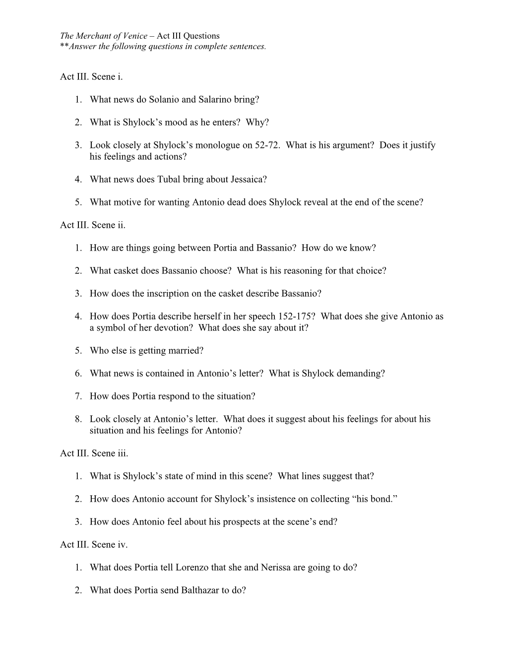 The Merchant of Venice Act III Questions