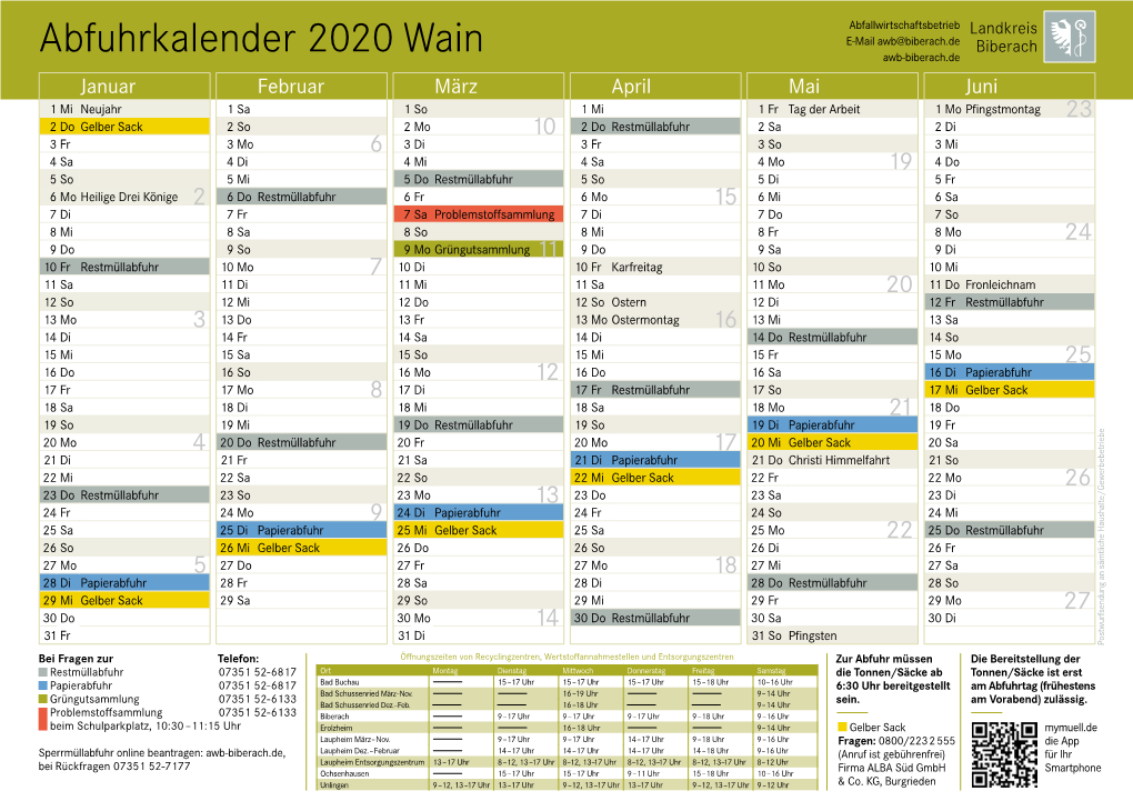 Abfuhrkalender 2020 Wain