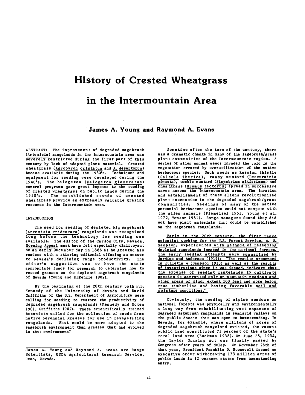 History of Crested Wheatgrass in the Intermountain Area