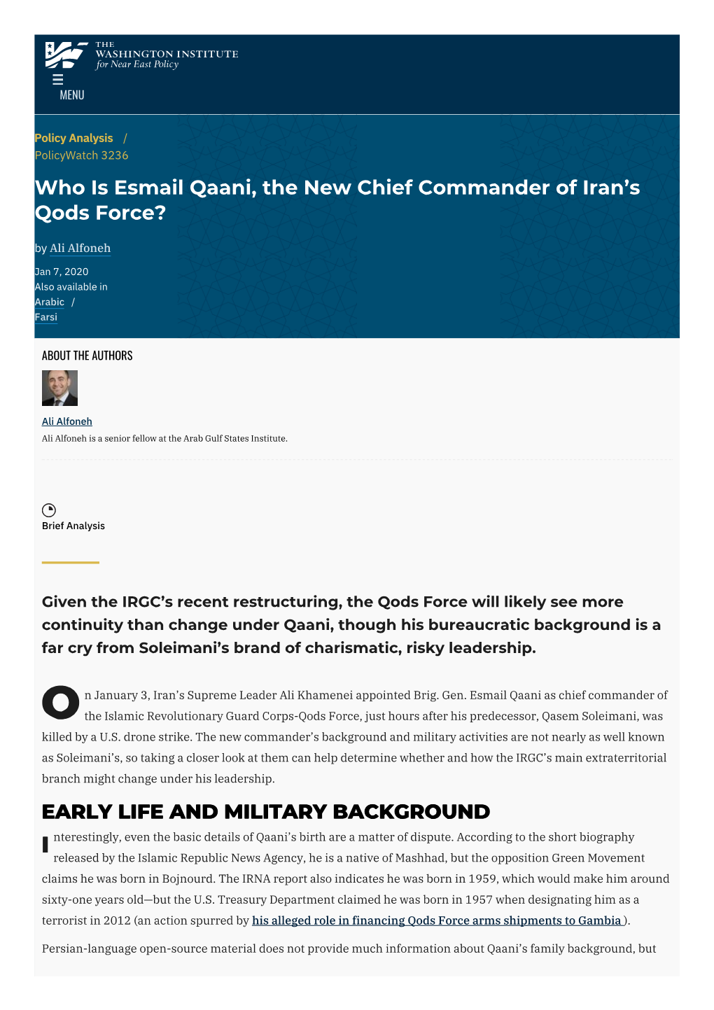 Who Is Esmail Qaani, the New Chief Commander of Iran’S Qods Force? by Ali Alfoneh