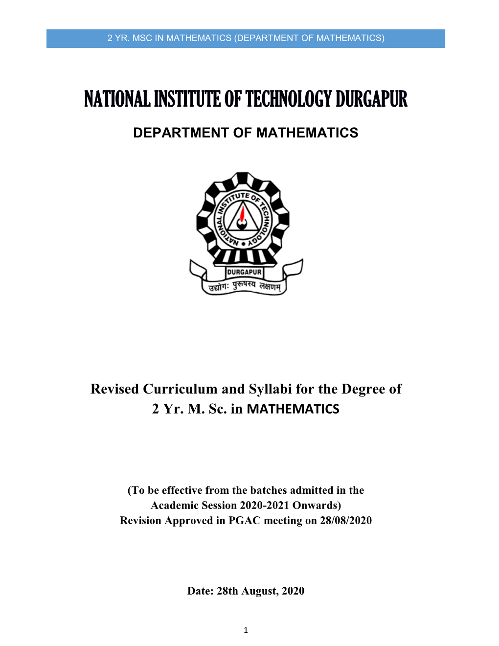 2 Yr. Msc in Mathematics (Department of Mathematics)