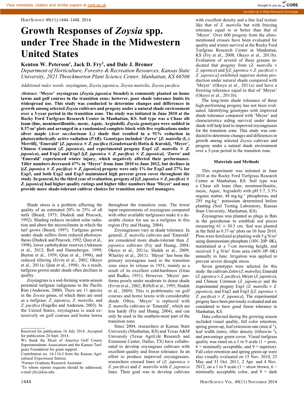 Growth Responses of Zoysia Spp. Under Tree Shade in The