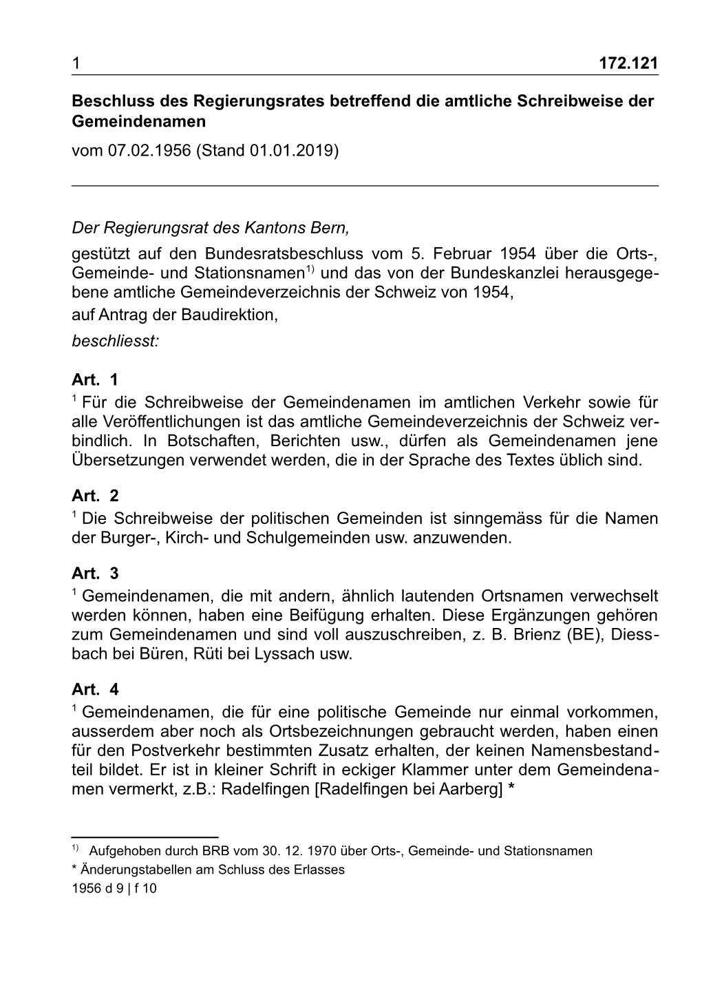 Beschluss Des Regierungsrates Betreffend Die Amtliche Schreibweise Der Gemeindenamen Vom 07.02.1956 (Stand 01.01.2019)