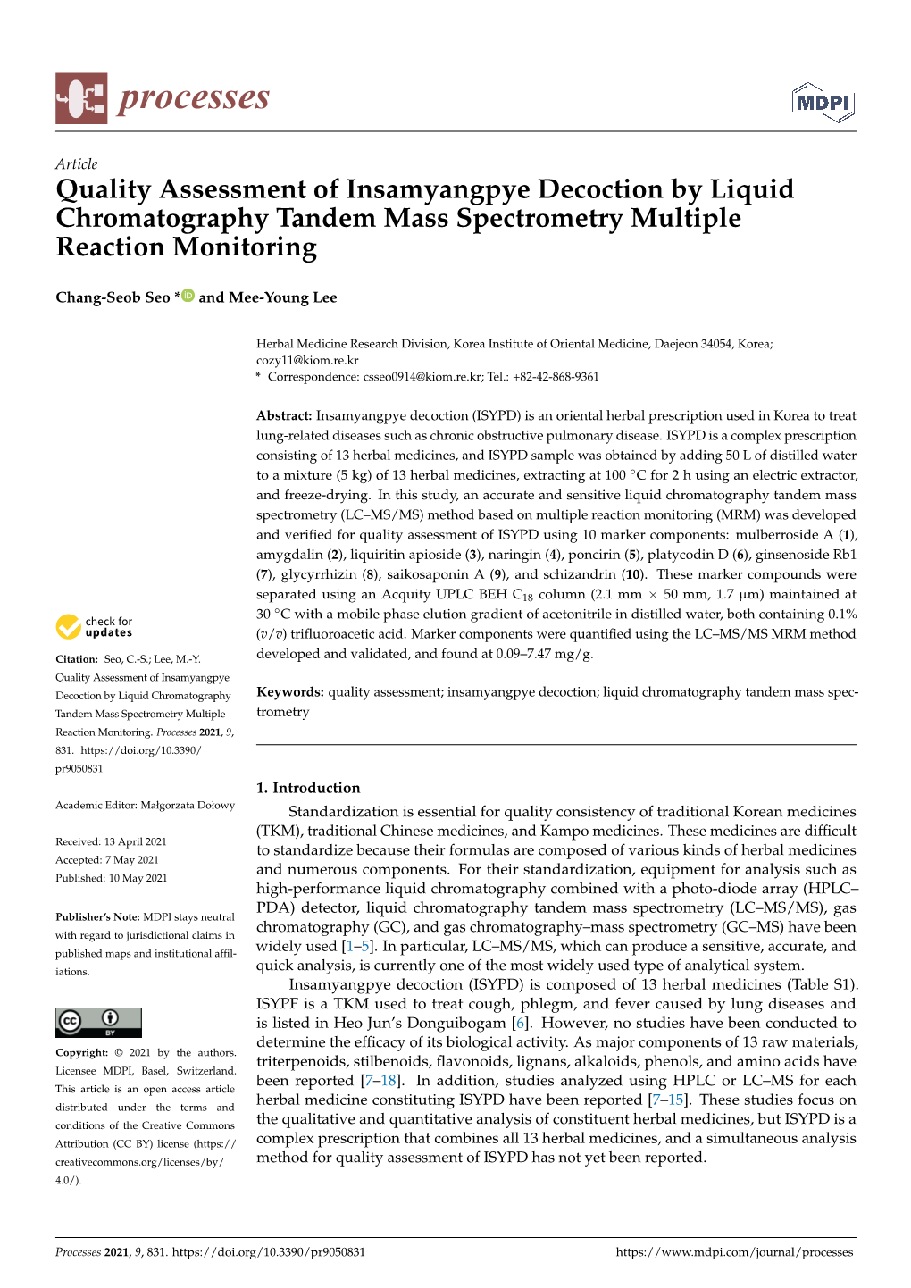 Quality Assessment of Insamyangpye Decoction by Liquid Chromatography Tandem Mass Spectrometry Multiple Reaction Monitoring