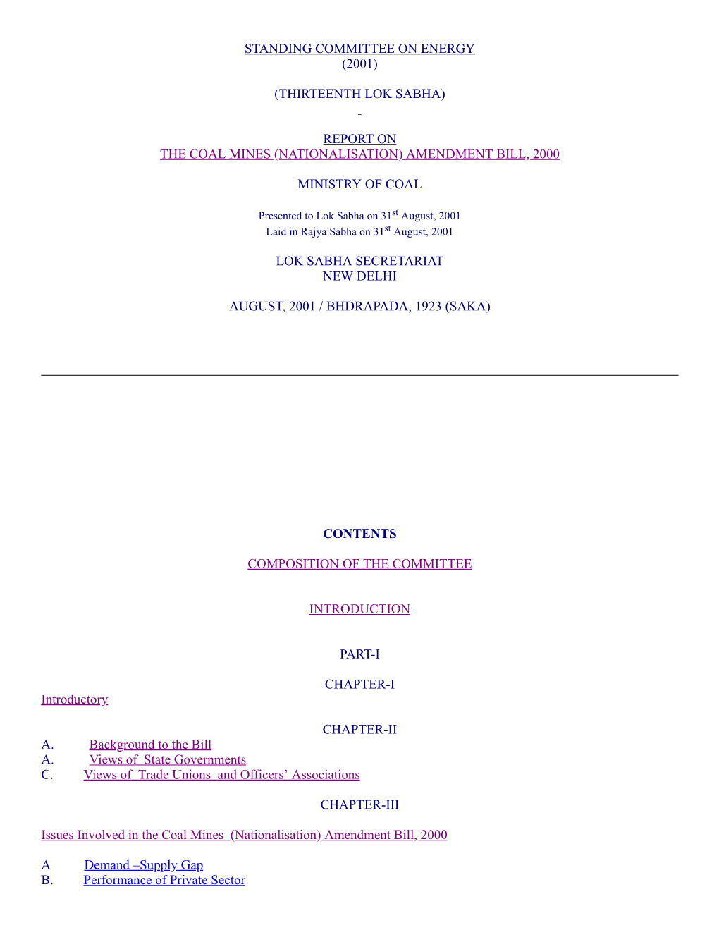 Report on the Coal Mines (Nationalisation) Amendment Bill, 2000