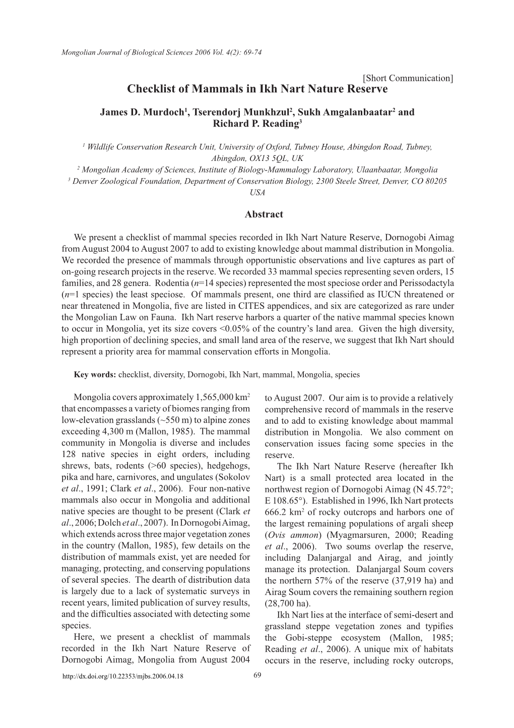 Checklist of Mammals in Ikh Nart Nature Reserve