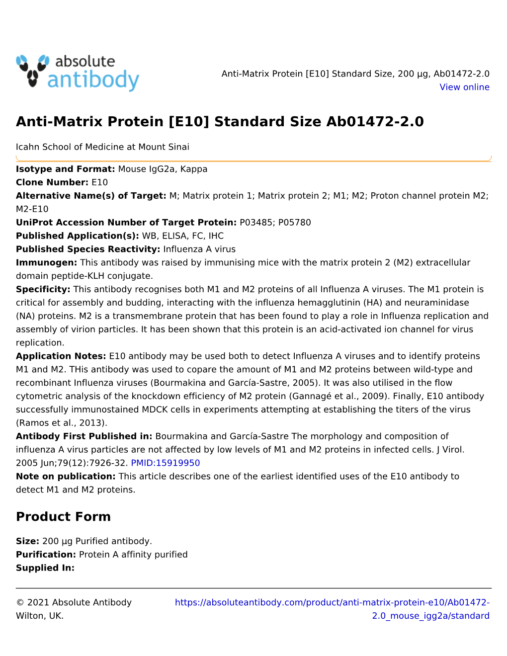 Anti-Matrix Protein [E10] Standard Size Ab01472-2.0