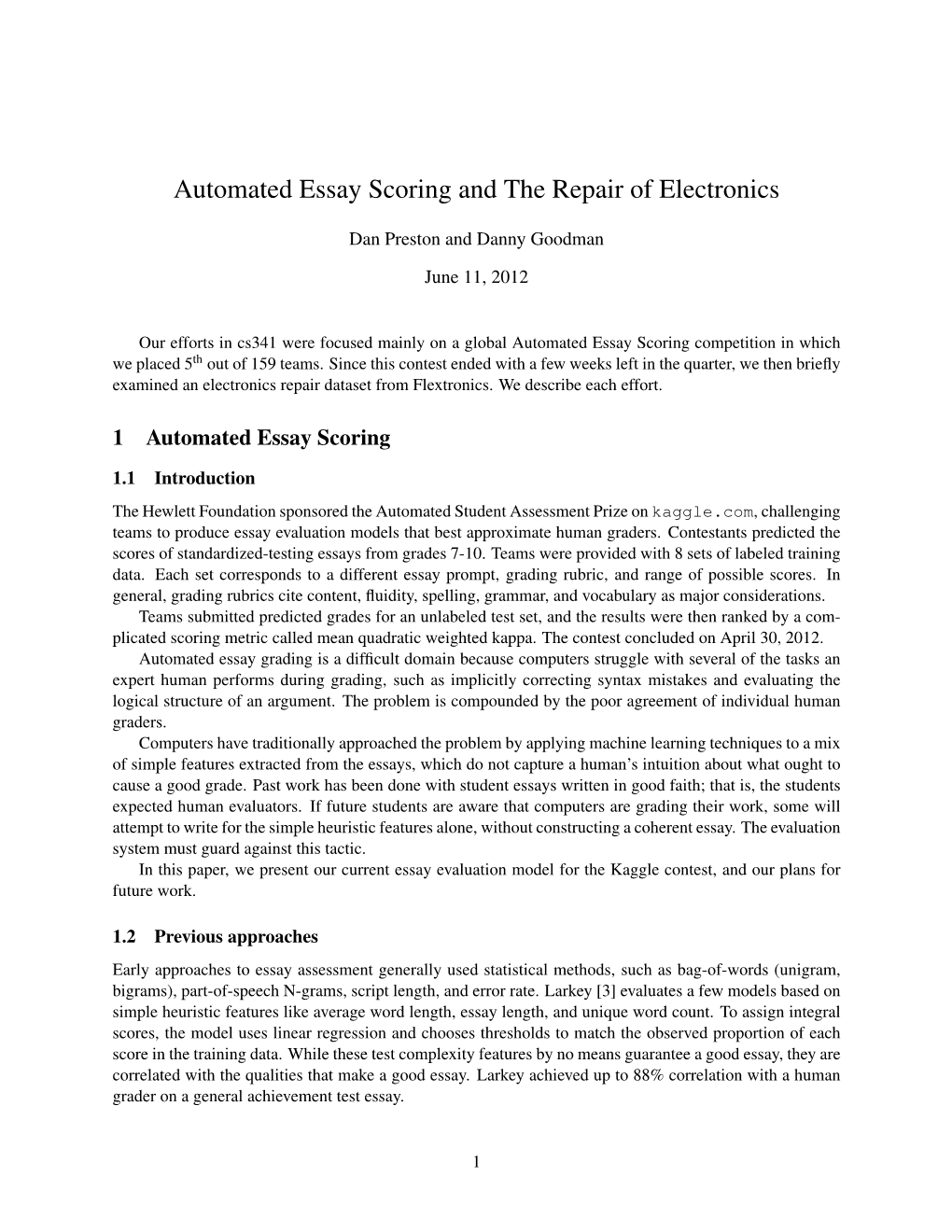 Automated Essay Scoring and the Repair of Electronics