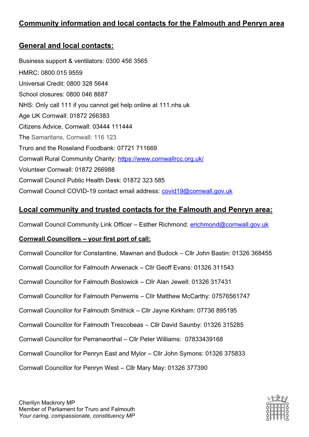 Community Information and Local Contacts for the Falmouth and Penryn Area