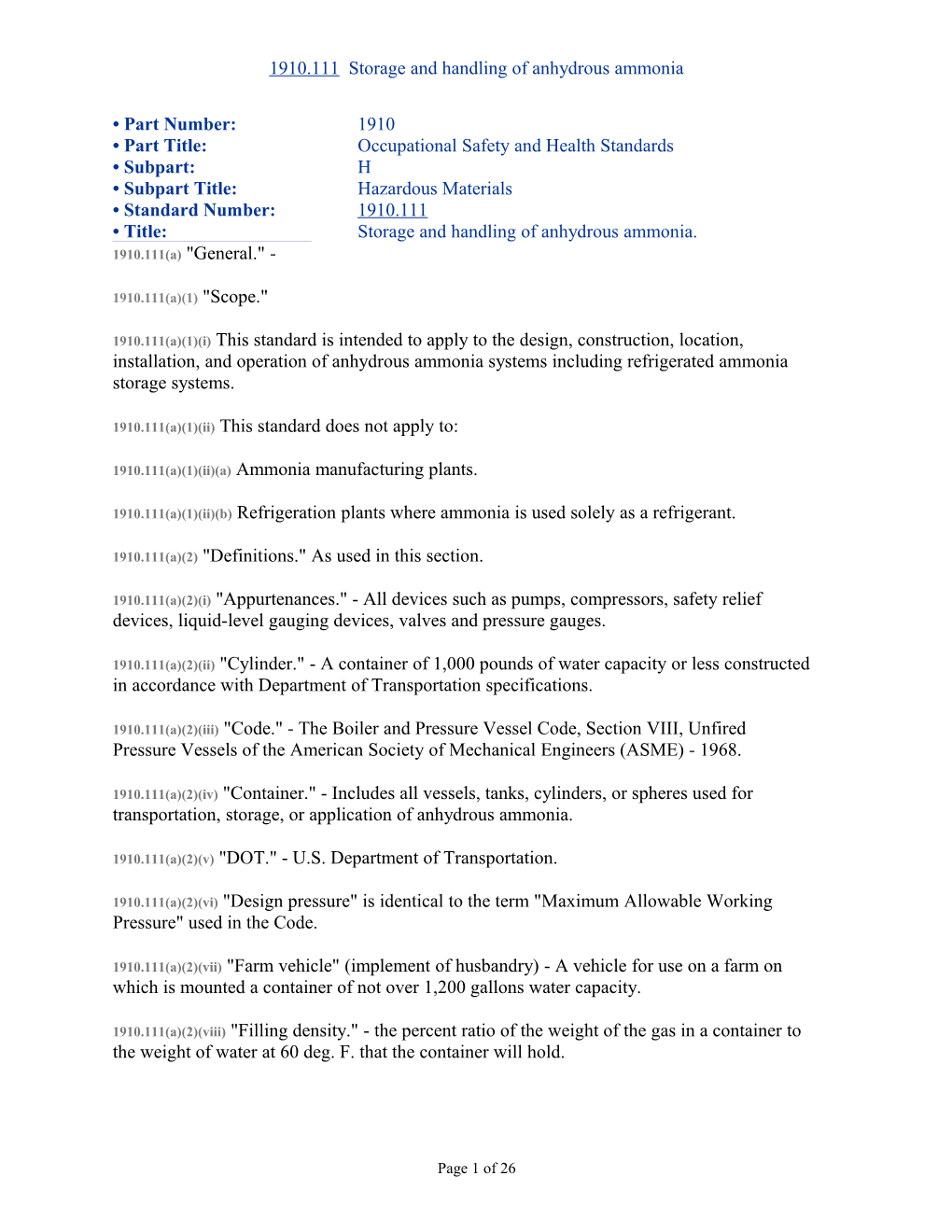 1910.111 Storage and Handling of Anhydrous Ammonia