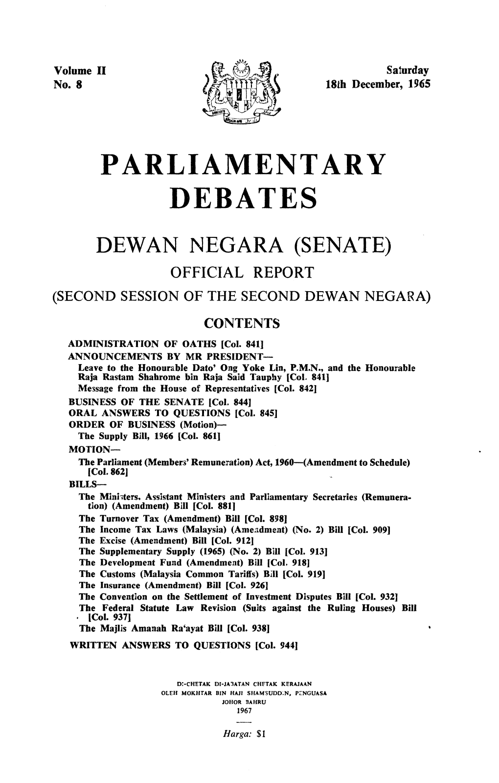 Parliamentary Debates Dewan Negara (Senate) Official Report (Second Session of the Second Dewan Negara)