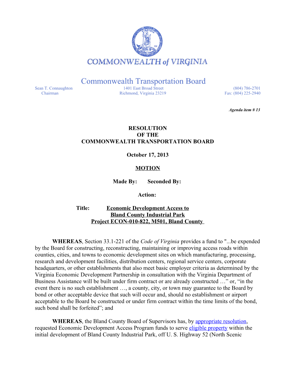 Resolution of the Commonwealth Transportation Board