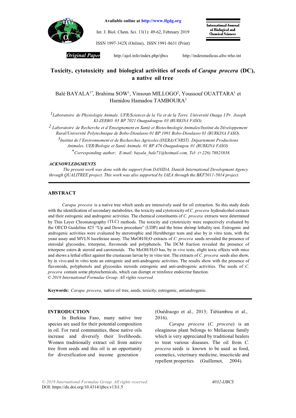 Toxicity, Cytotoxicity and Biological Activities of Seeds of Carapa Procera (DC), a Native Oil Tree