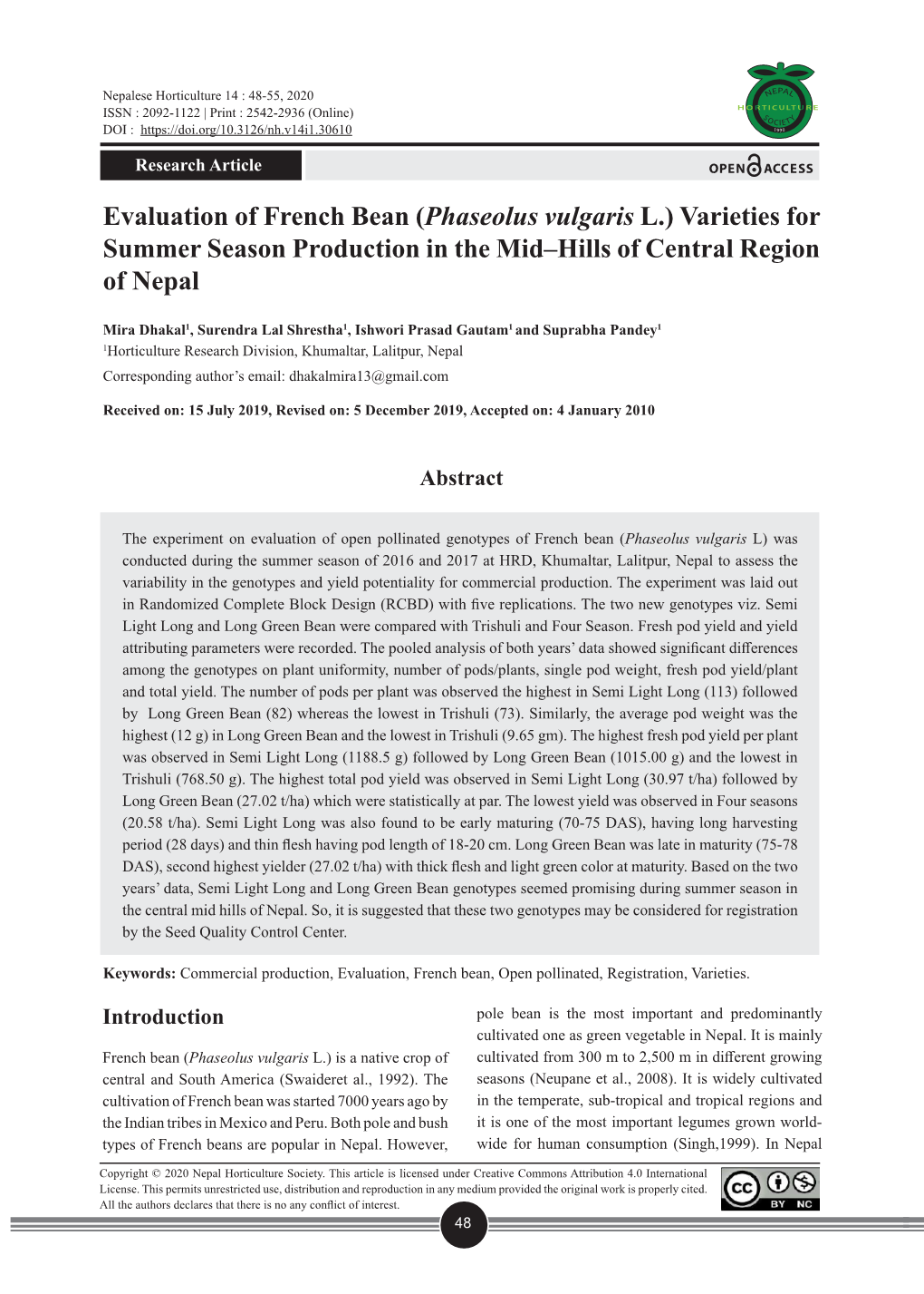 Evaluation of French Bean (Phaseolus Vulgaris L.) Varieties for Summer Season Production in the Mid–Hills of Central Region of Nepal