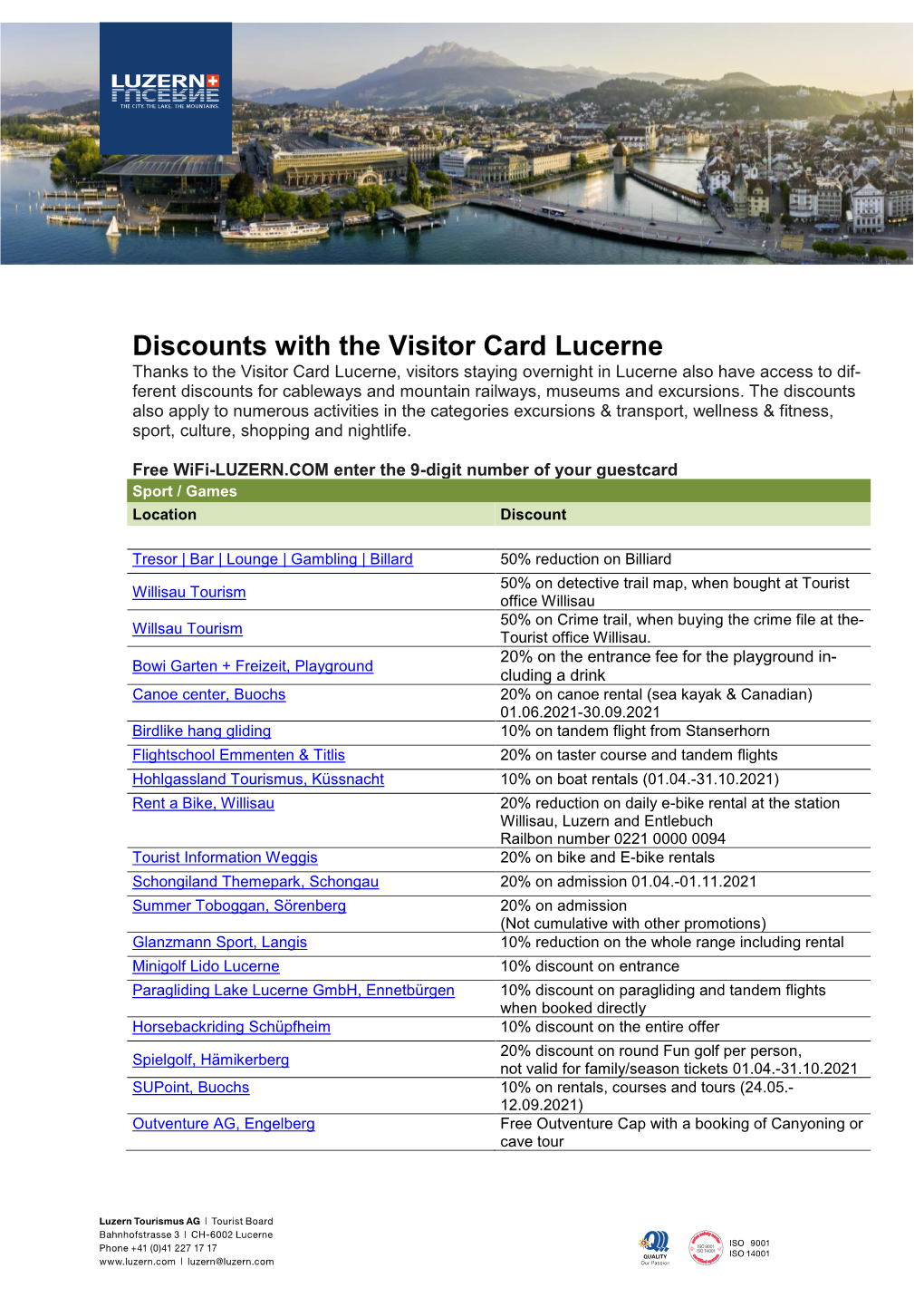 Discounts with the Visitor Card Lucerne