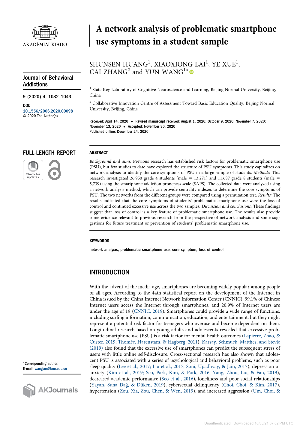 A Network Analysis of Problematic Smartphone Use Symptoms in a Student Sample