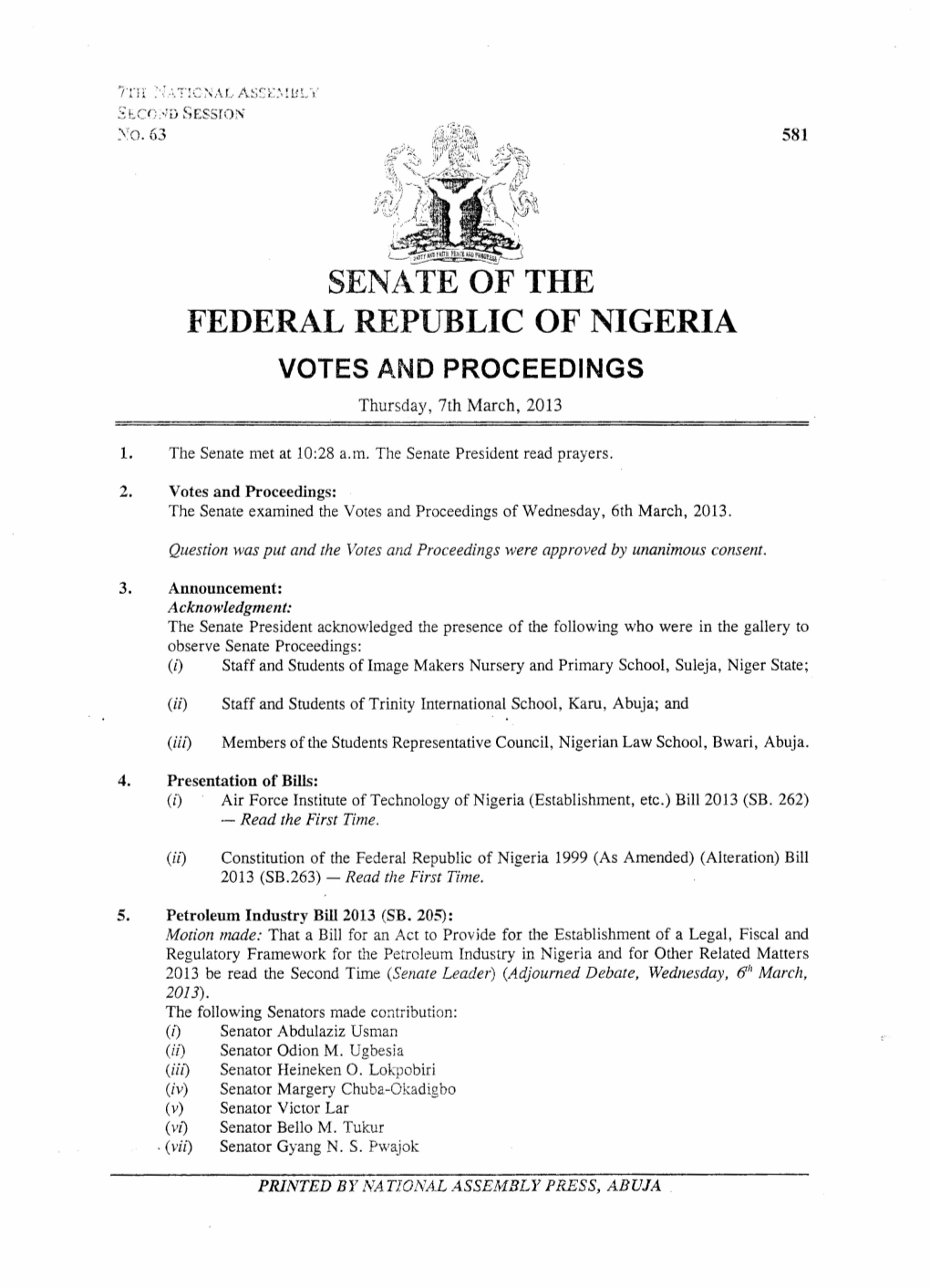 SENATE of the FEDERAL REPUBLIC of NIGERIA VOTES and PROCEEDINGS Thursday, 7Th March, 2013