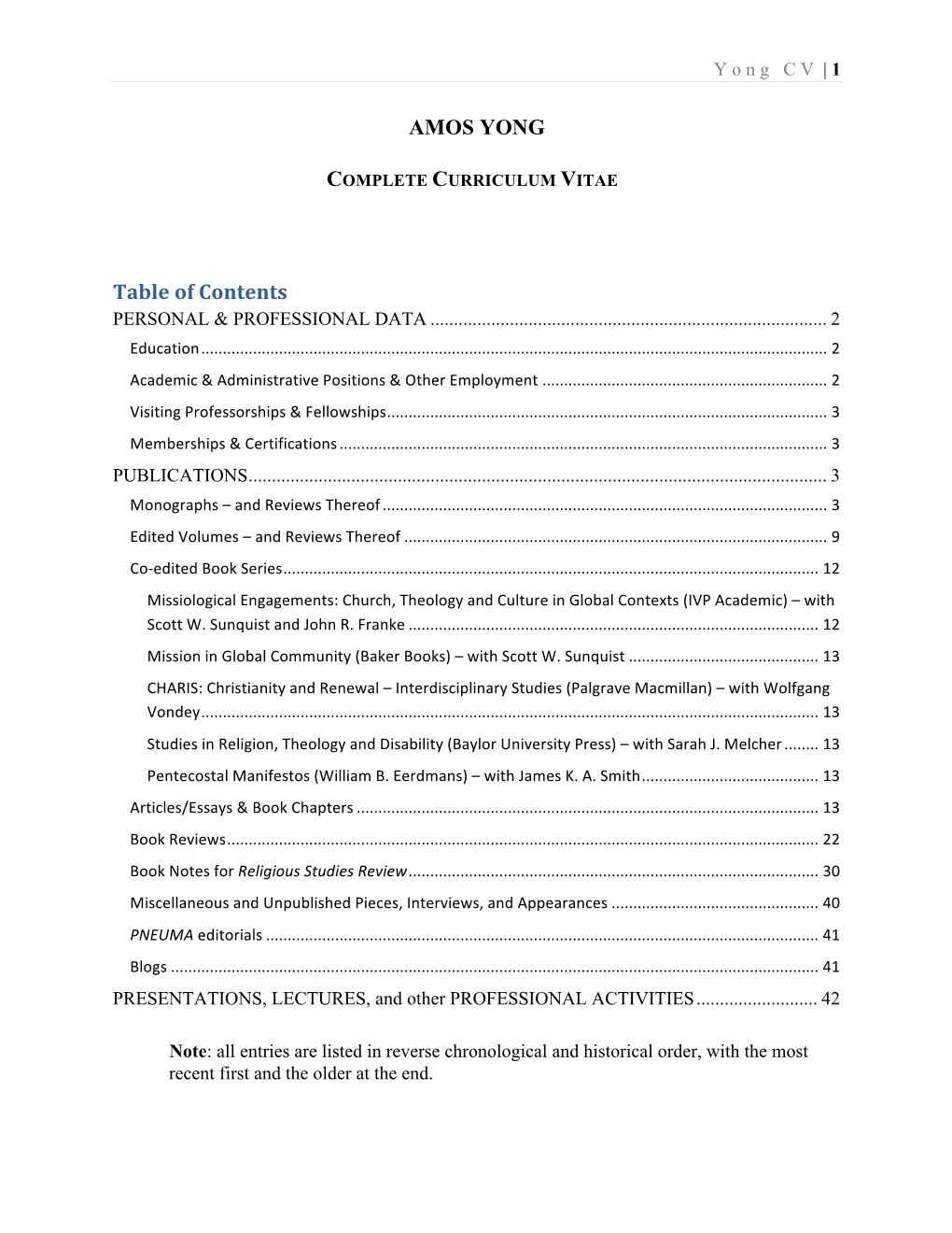 AMOS YONG Table of Contents