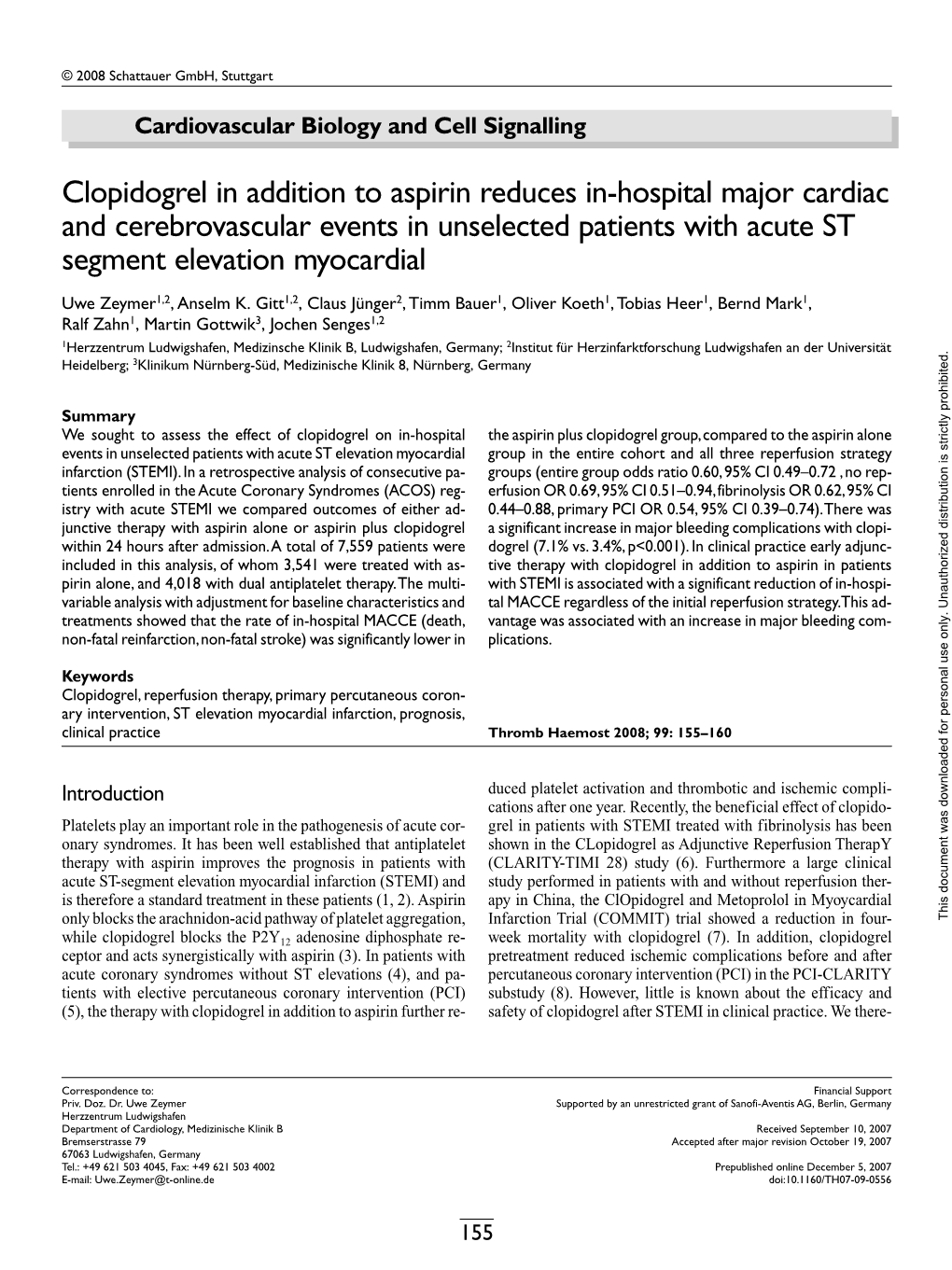 Clopidogrel in Addition to Aspirin Reduces In-Hospital Major Cardiac and Cerebrovascular Events in Unselected Patients with Acut