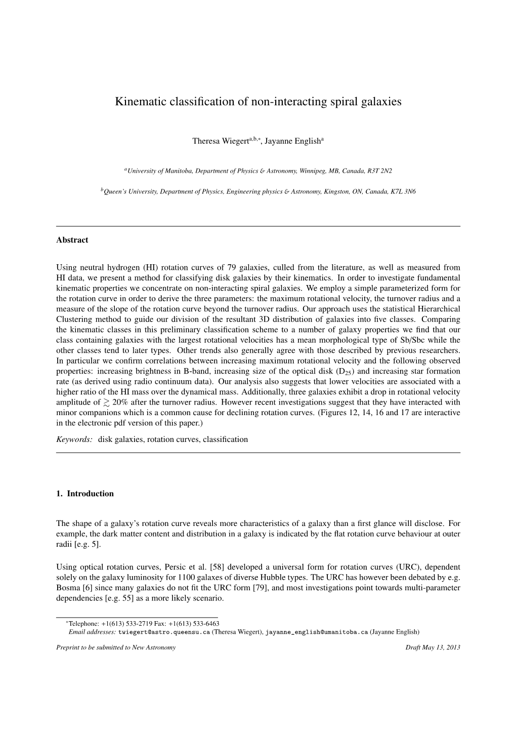 Kinematic Classification of Non-Interacting Spiral Galaxies