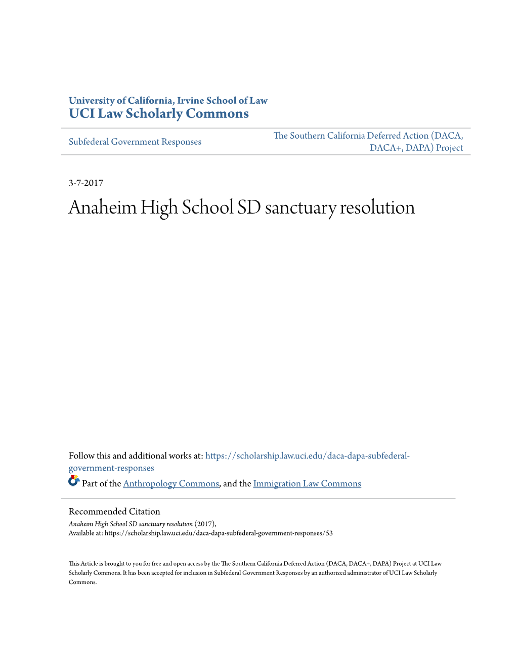 Anaheim High School SD Sanctuary Resolution