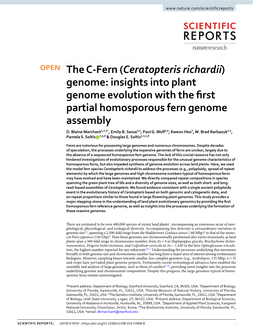 The C-Fern (Ceratopteris Richardii) Genome: Insights Into Plant Genome Evolution with the Frst Partial Homosporous Fern Genome Assembly D